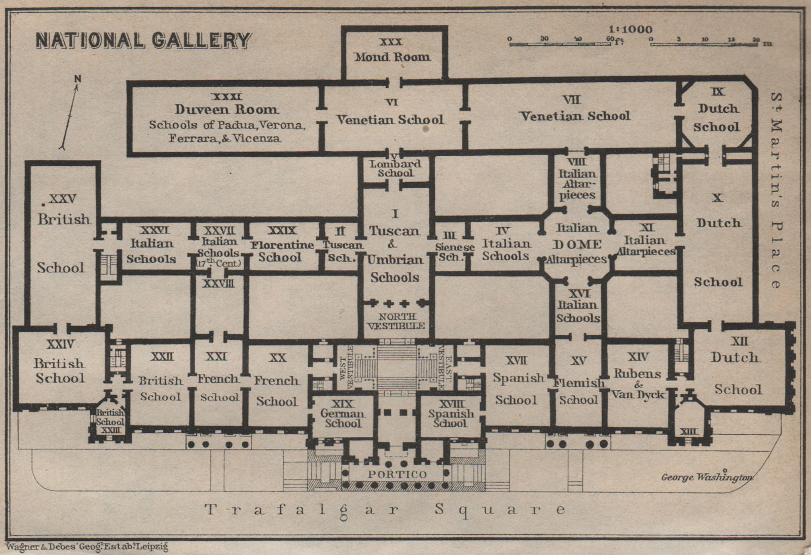 THE NATIONAL GALLERY floor plan. Trafalgar Square. London. BAEDEKER 1930 map